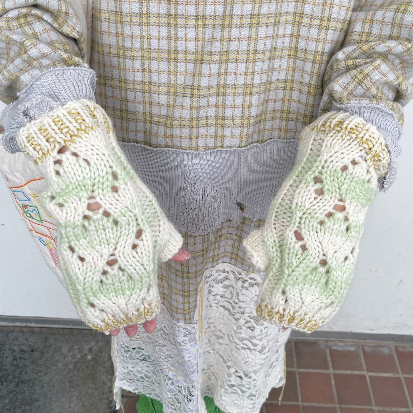wool knit fingerless glove - short / pale green / ウールニットフィンガーレスグローブショート