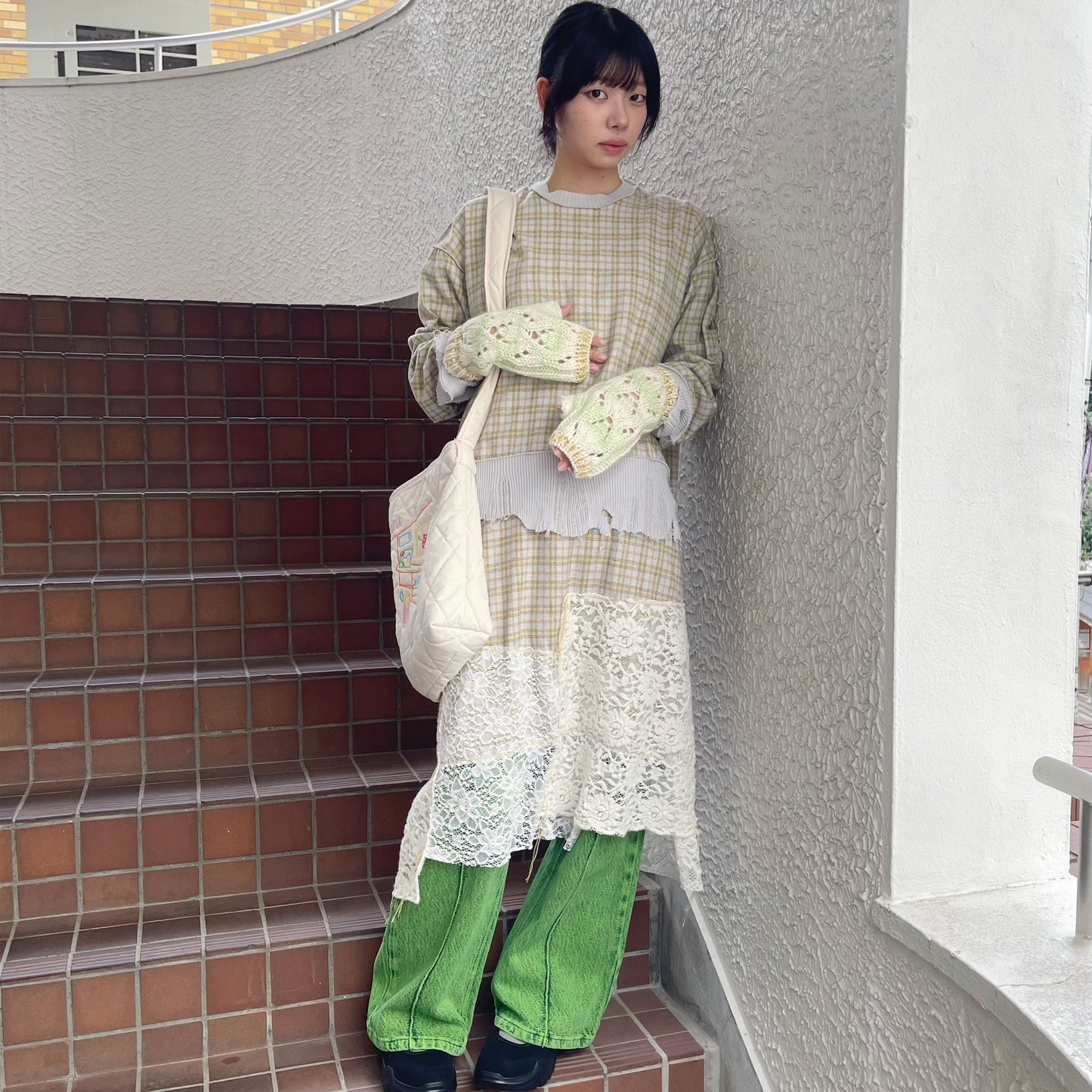 wool knit fingerless glove - short / pale green / ウールニットフィンガーレスグローブショート