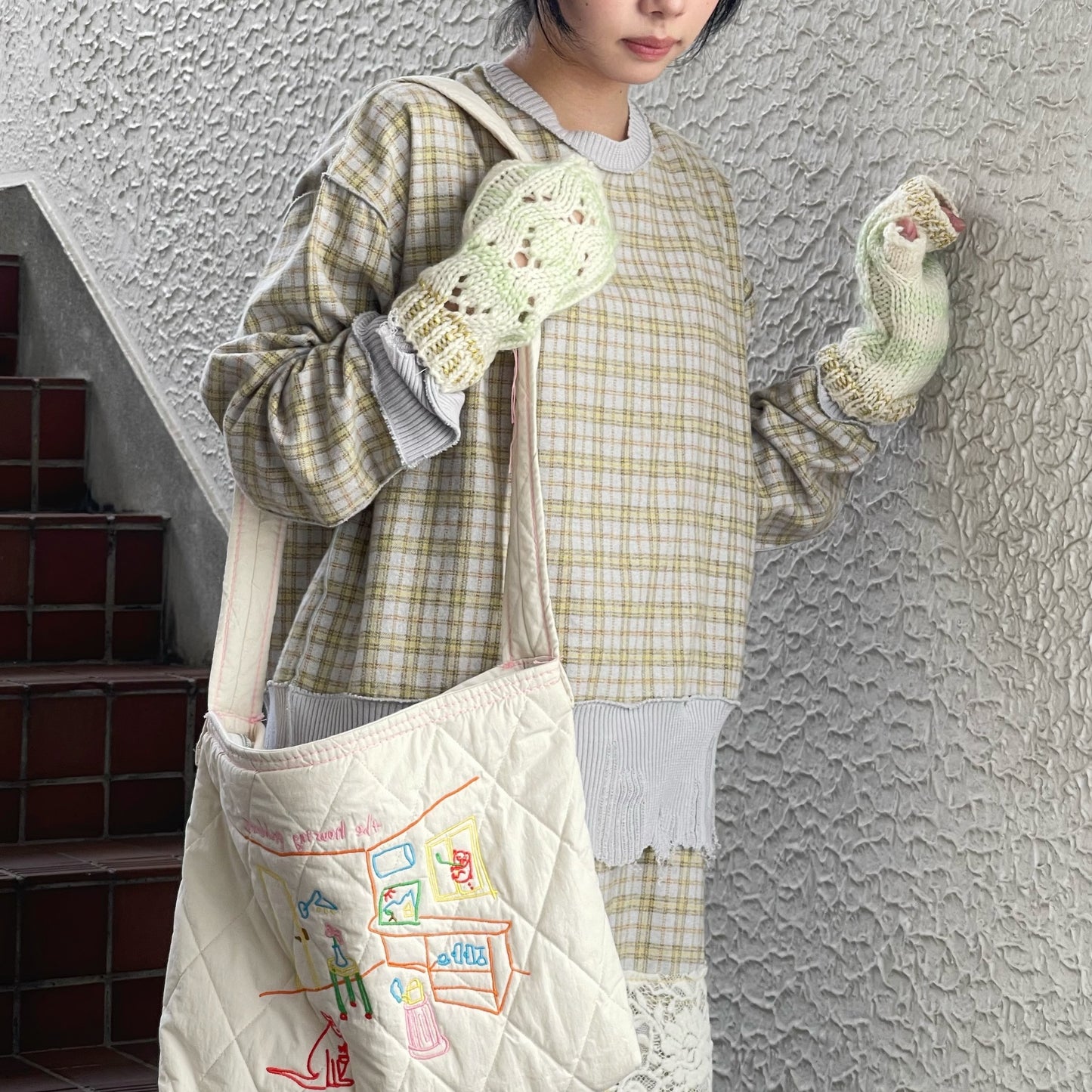 wool knit fingerless glove - short / pale green / ウールニットフィンガーレスグローブショート
