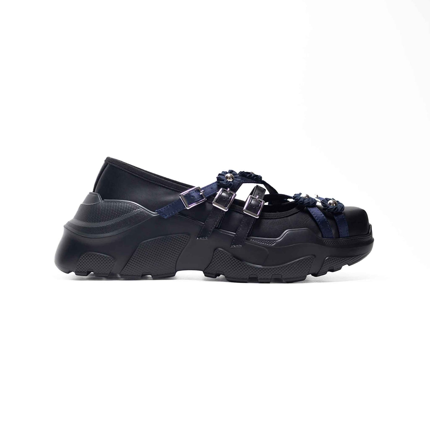 【AKIKOAOKI】Flora / Black × Navy / フラワーストラップシューズ