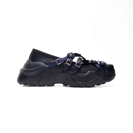 【AKIKOAOKI】Flora / Black × Navy / フラワーストラップシューズ