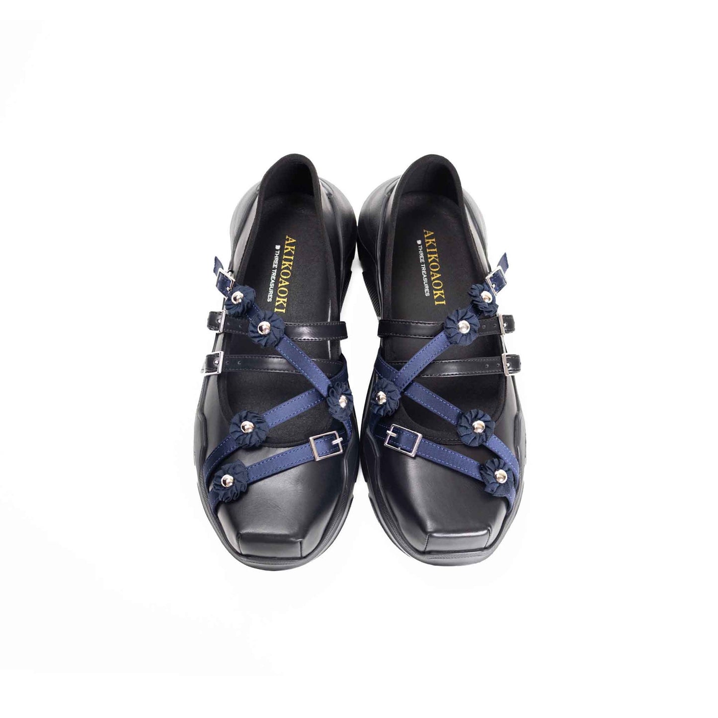 【AKIKOAOKI】Flora / Black × Navy / フラワーストラップシューズ