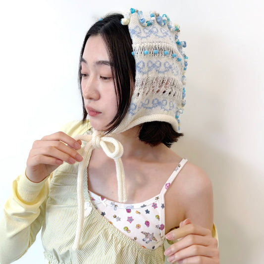 Frill knitted ribbon hat / White × Blue / フリルニットリボンハット
