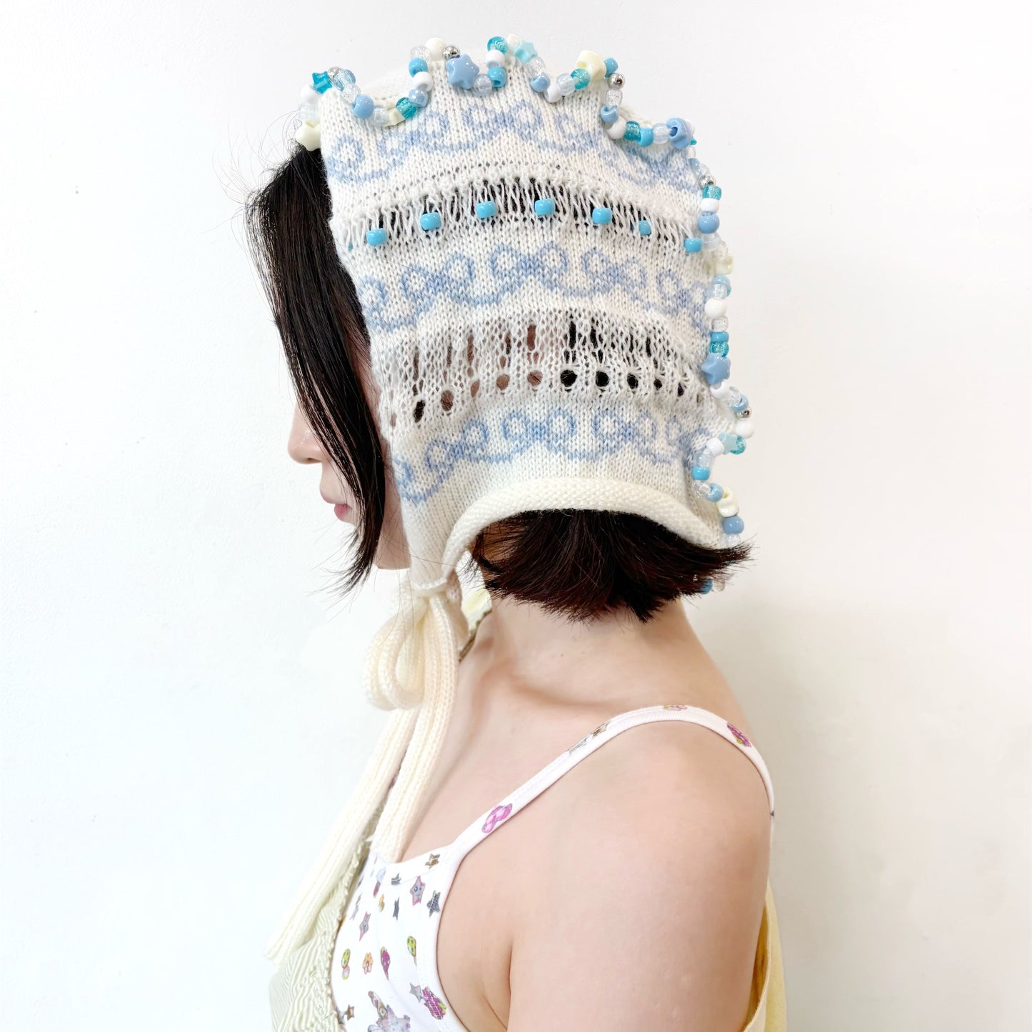 Frill knitted ribbon hat / White × Blue / フリルニットリボンハット