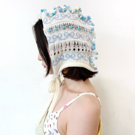 Frill knitted ribbon hat / White × Blue / フリルニットリボンハット