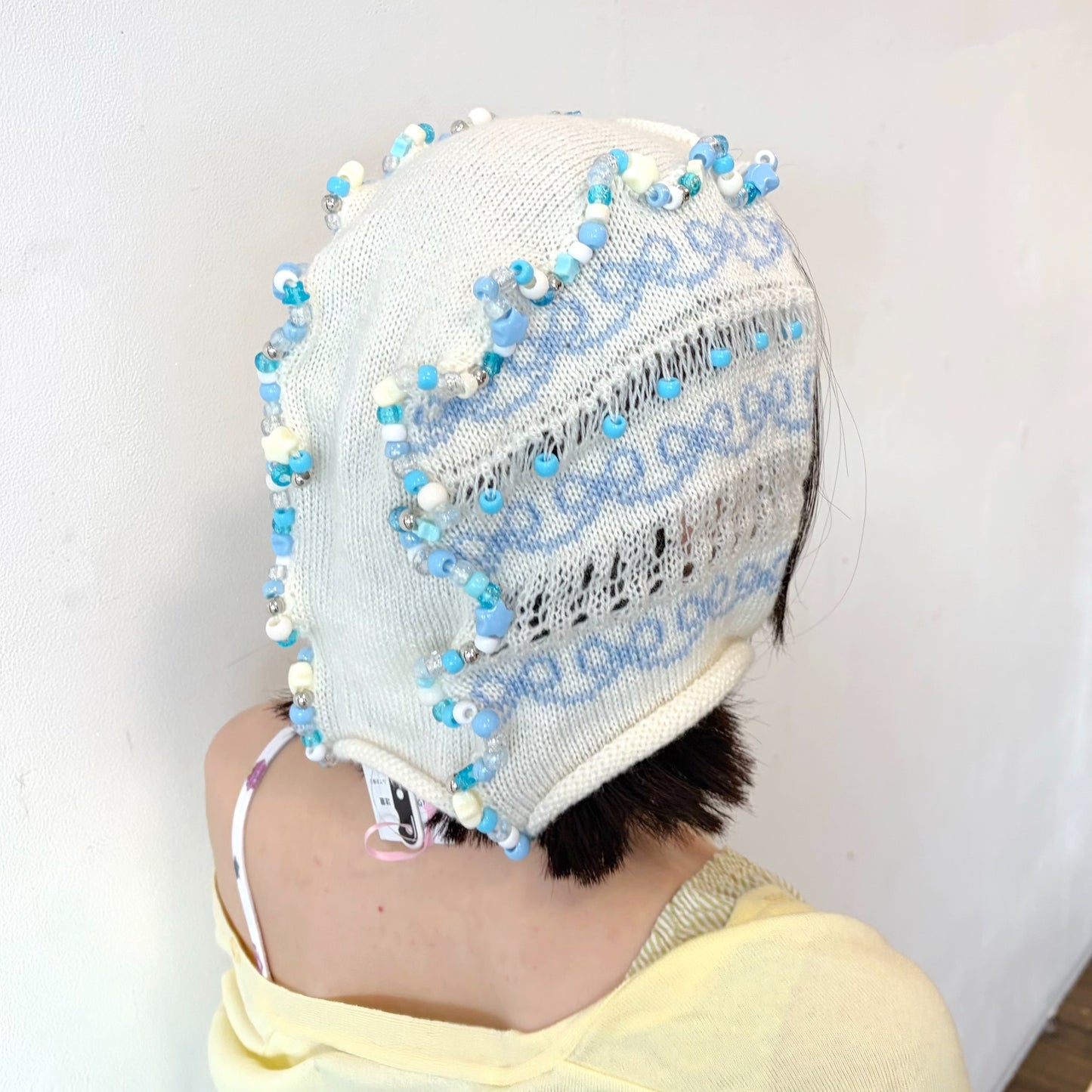 Frill knitted ribbon hat / White × Blue / フリルニットリボンハット