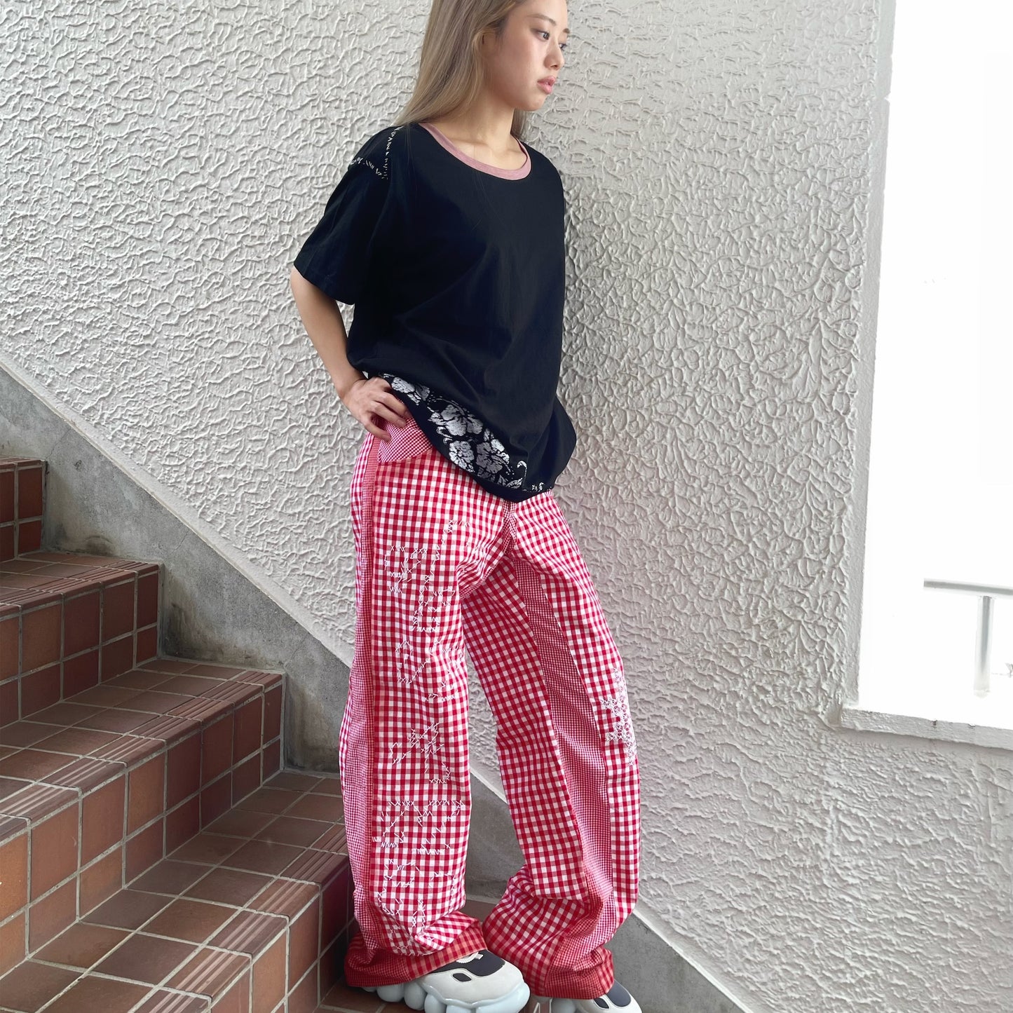 gingham patchwork pants / red / ギンガムパッチワークパンツ