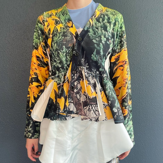 DIRECT PRINT RIB GATHER CARDIGAN / YELLOW WOOD / ダイレクトプリントリブギャザーカーディガン