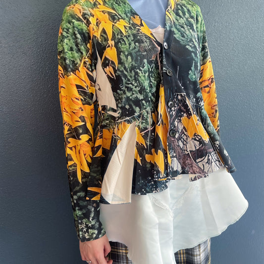 DIRECT PRINT RIB GATHER CARDIGAN / YELLOW WOOD / ダイレクトプリントリブギャザーカーディガン