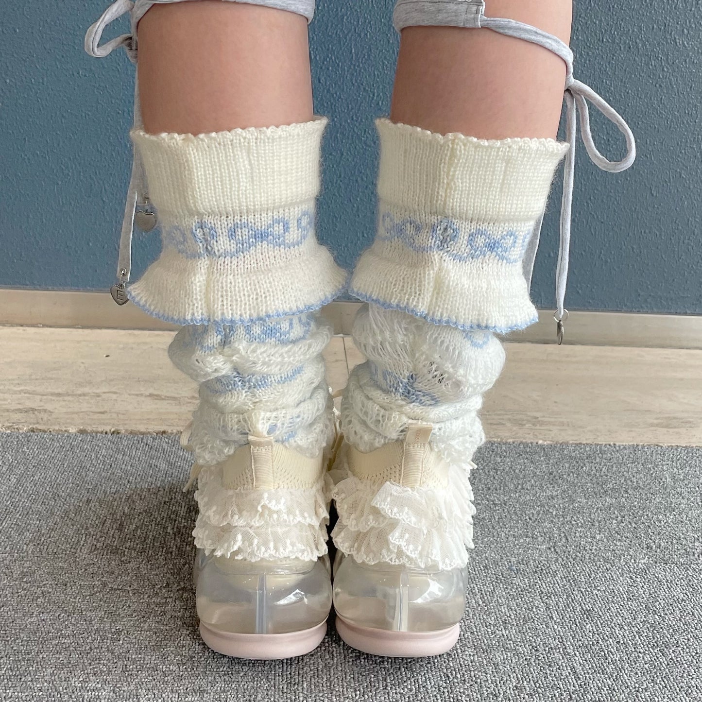 Knitted leg warmer / White × Blue / ニットレッグウォーマー