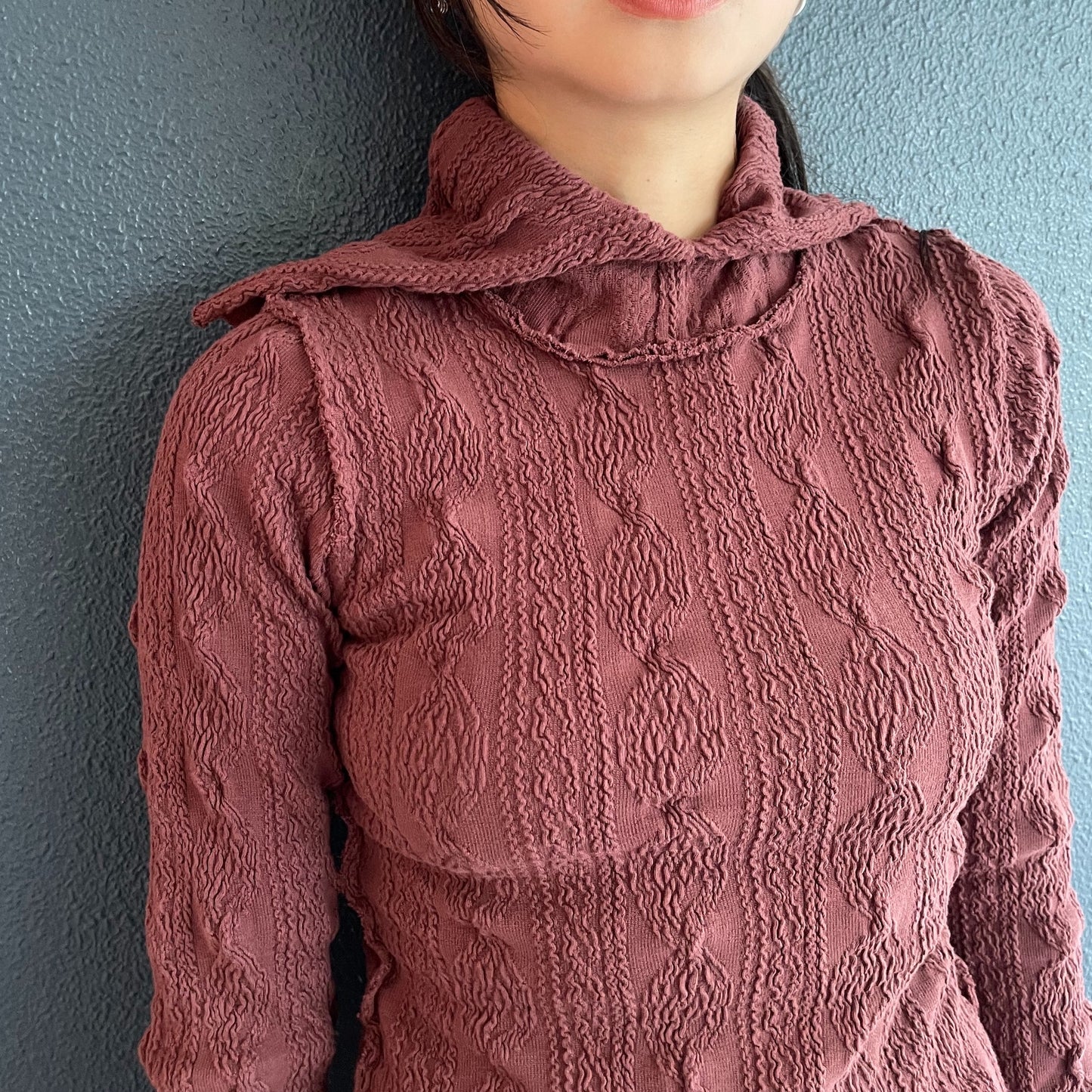 SHRUNK-KNIT LONG-SLEEVE TOP *SAILOR HIGH-NECK / DARK RED / セーラーカラーシュリンクトップ