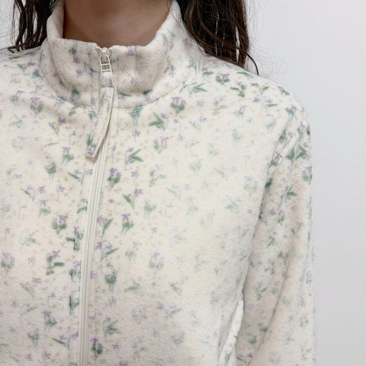 fading flower fleece jacket / white / フェイディングフラワーフリースジャケット
