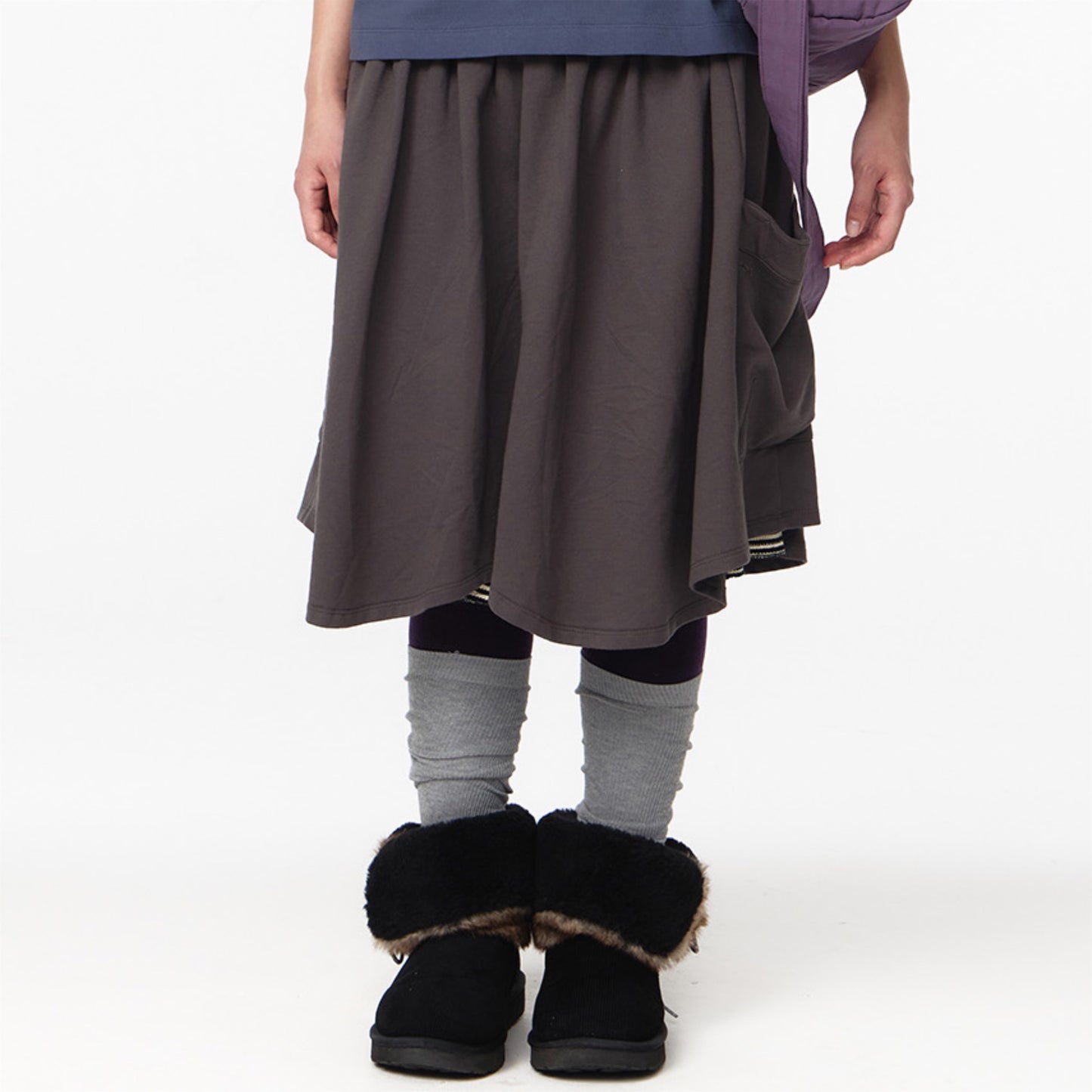 STRIPED LAYERED MIDI SKIRT / CHARCOAL / レイヤードミディスカート
