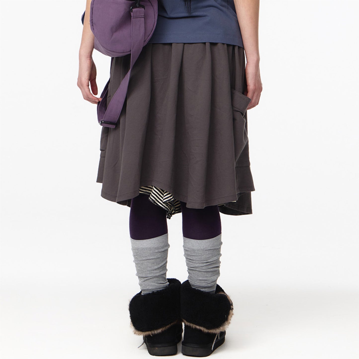 STRIPED LAYERED MIDI SKIRT / CHARCOAL / レイヤードミディスカート