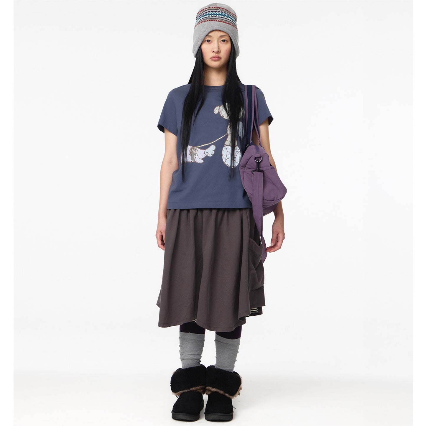 STRIPED LAYERED MIDI SKIRT / CHARCOAL / レイヤードミディスカート