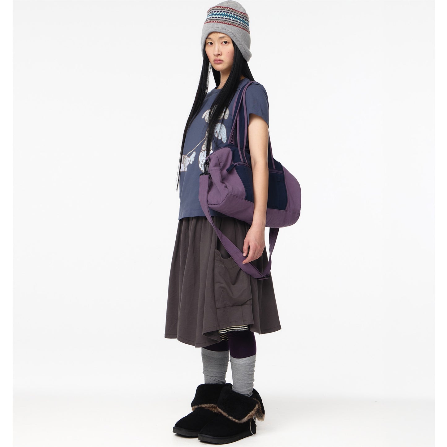 STRIPED LAYERED MIDI SKIRT / CHARCOAL / レイヤードミディスカート