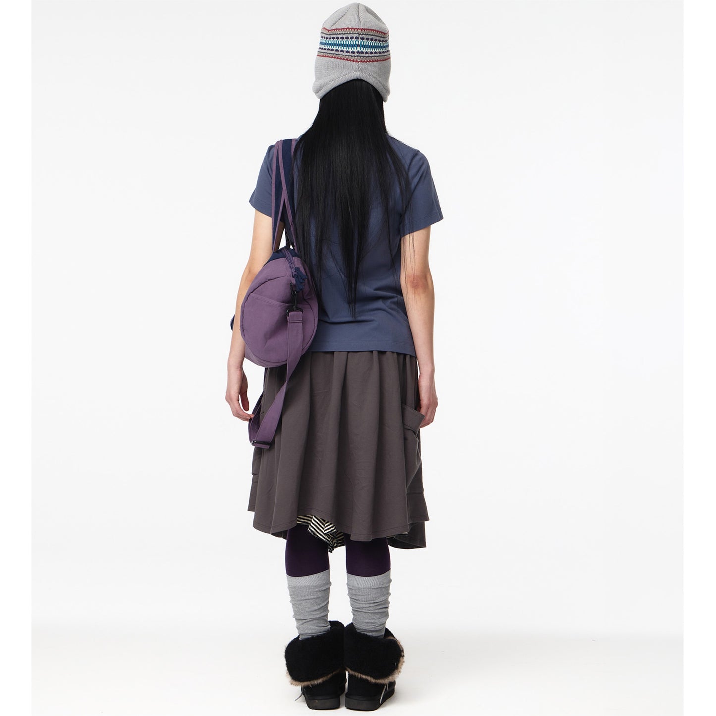 STRIPED LAYERED MIDI SKIRT / CHARCOAL / レイヤードミディスカート