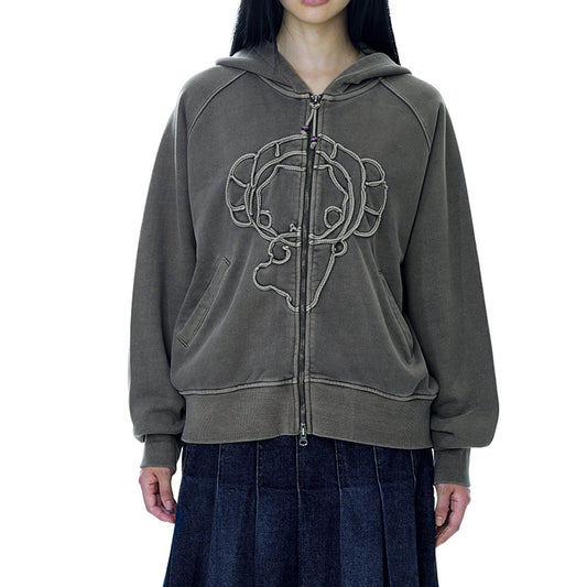 VINTAGE TAPE HOOD ZIP UP / ASH BROWN / キャラクターフードジップアップ