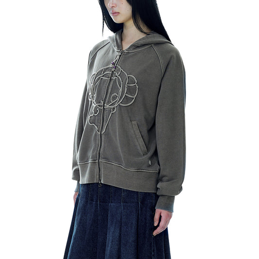 VINTAGE TAPE HOOD ZIP UP / ASH BROWN / キャラクターフードジップアップ