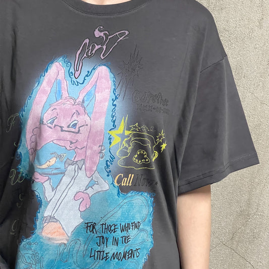 Rabbit Ruched Top / Charcoal / ラビットプリントTシャツ