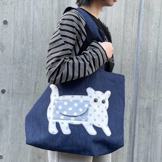 Cassie tote bag / Denim / ねこアップリケトートバッグ