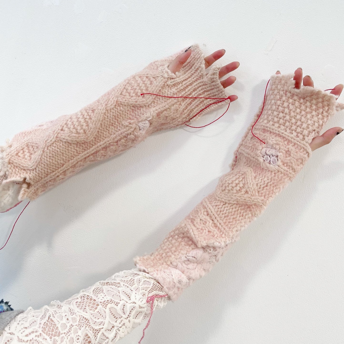 knit gloves / cream x pink / ニットグローブ