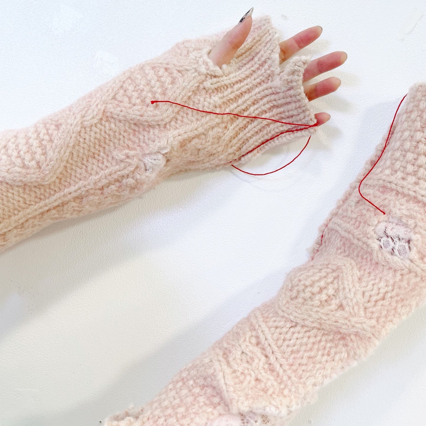 knit gloves / cream x pink / ニットグローブ