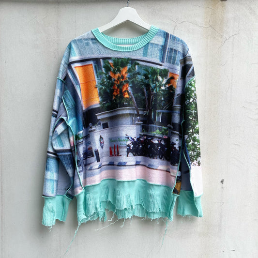 print sweat rib top / buliding - light blue / プリントスウェットリブトップ