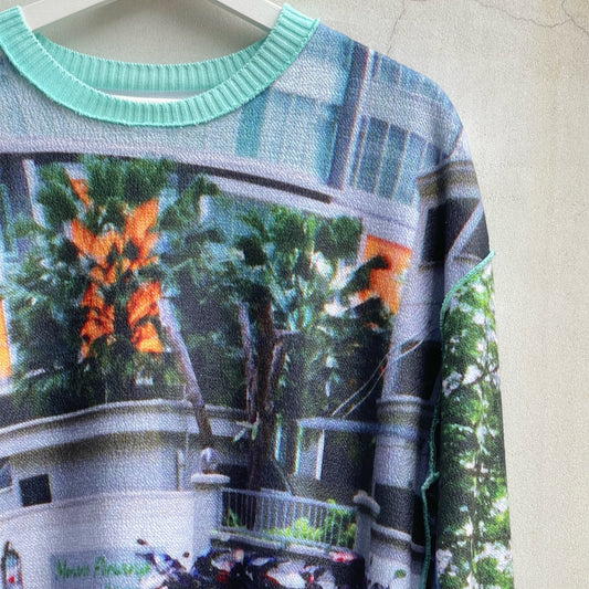 print sweat rib top / buliding - light blue / プリントスウェットリブトップ