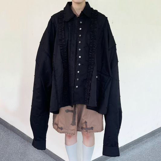 GRAND SHOULDER BLOUSE RIBBON EMBROIDERY WITHOUT SHOULDER PAD / BLACK / オーバーサイズシャツ