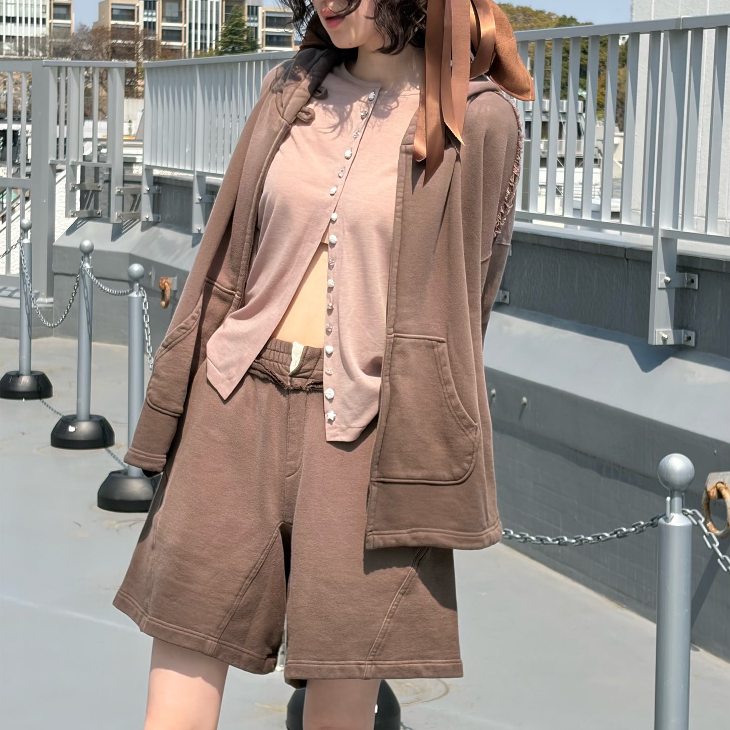 Bleach waves short pants / DUST BROWN / ブリーチスウェットショートパンツ