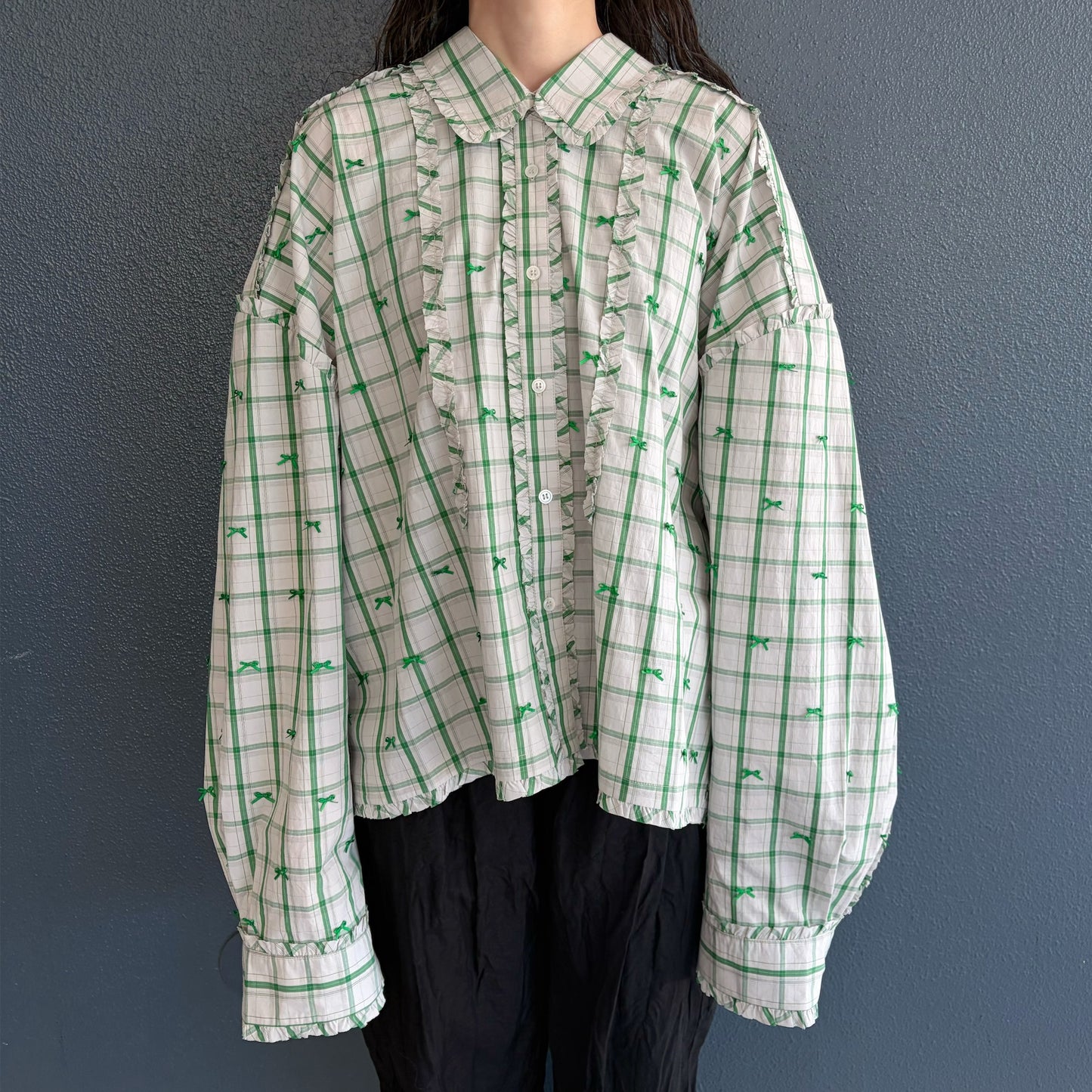 MINI FRILL RIBBON BLOUSE / GREEN / ミニフリルリボンブラウス
