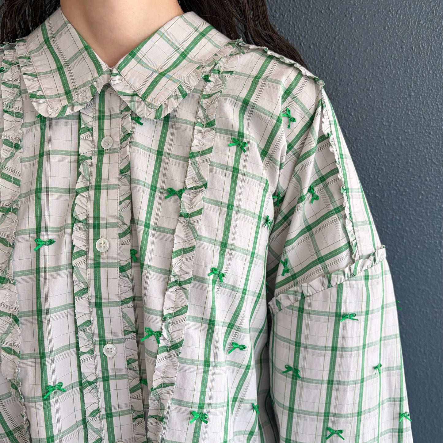MINI FRILL RIBBON BLOUSE / GREEN / ミニフリルリボンブラウス