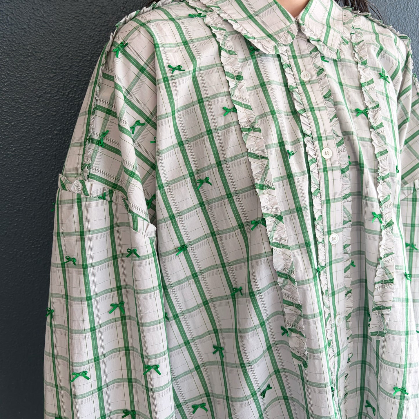 MINI FRILL RIBBON BLOUSE / GREEN / ミニフリルリボンブラウス
