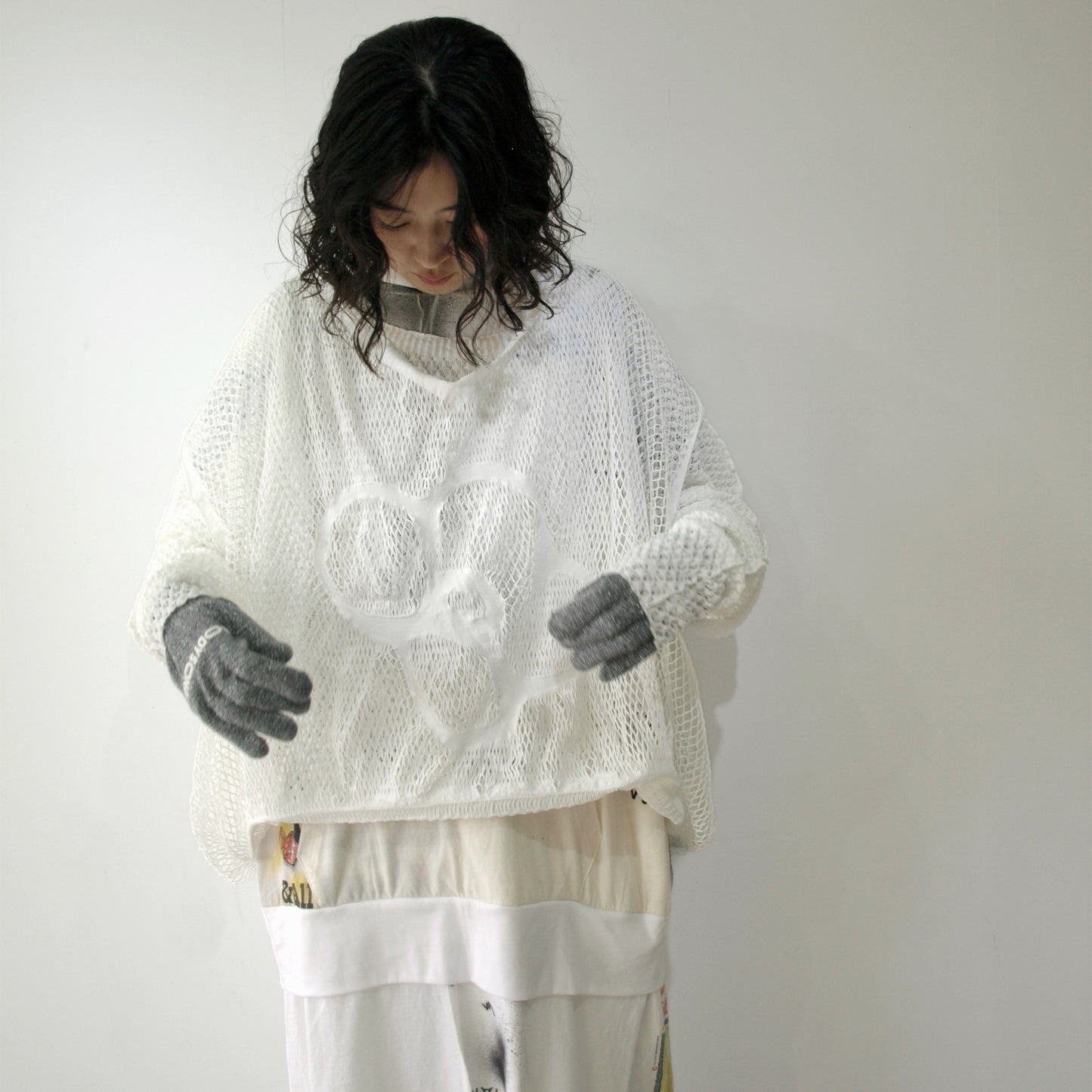 FOLD-OR-STRECH FLOWER KNIT / WHITE / ネットドレス＋ベスト