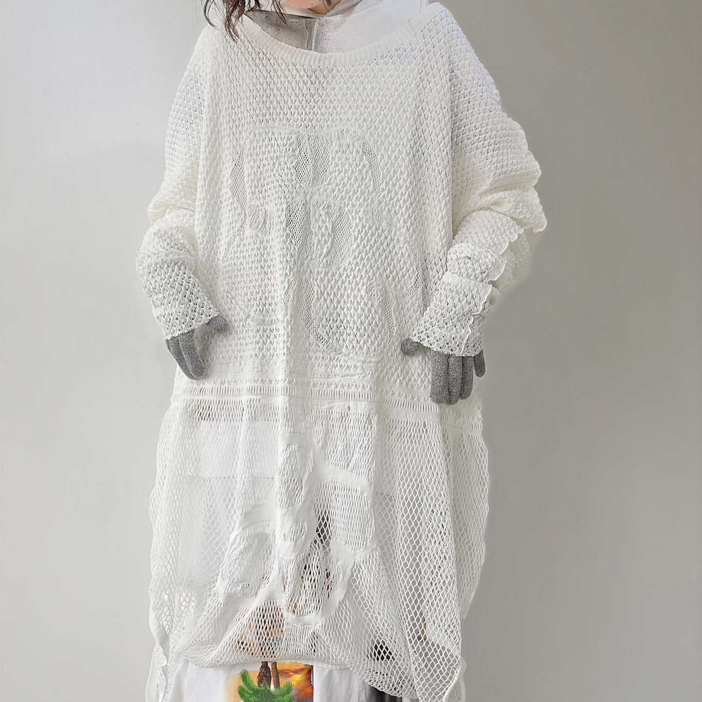 FOLD-OR-STRECH FLOWER KNIT / WHITE / ネットドレス＋ベスト