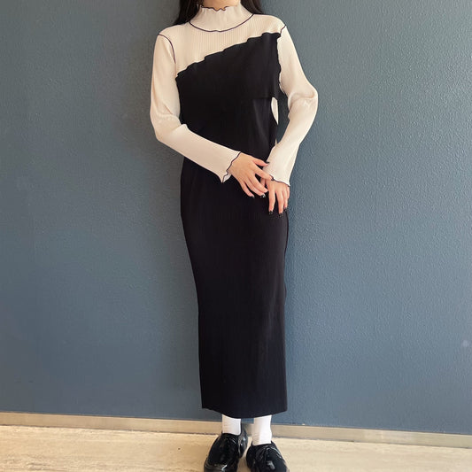 SPIRAL WAVE LONG SLEEVE DRESS *HIGH NECK TYPE / BLACK / プリーツハイネックドレス