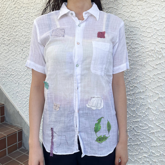 【trust teji 】Short sleeve color button Blouse + / White / カラーボタンブラウス