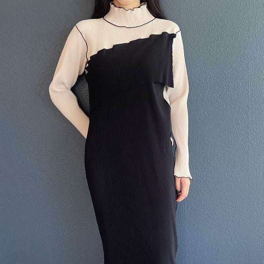 SPIRAL WAVE LONG SLEEVE DRESS *HIGH NECK TYPE / BLACK / プリーツハイネックドレス