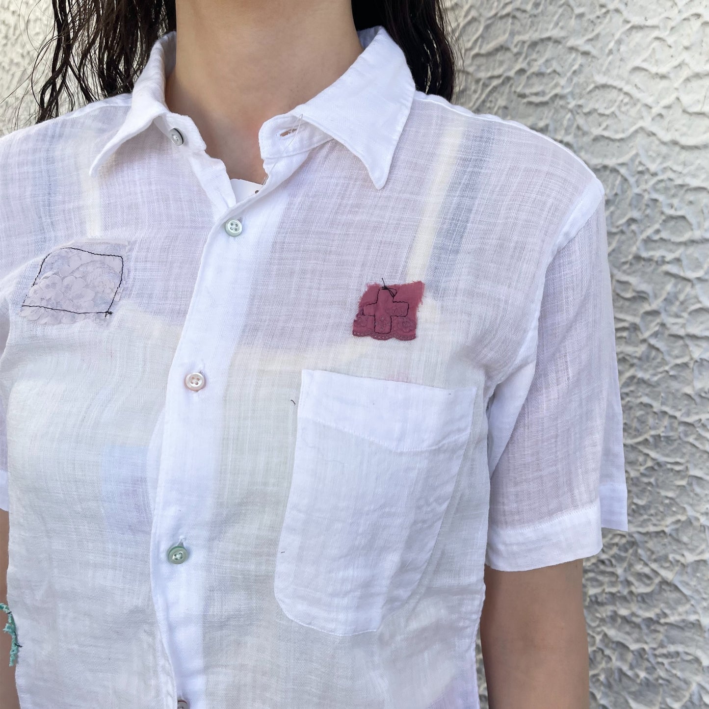 【trust teji 】Short sleeve color button Blouse + / White / カラーボタンブラウス