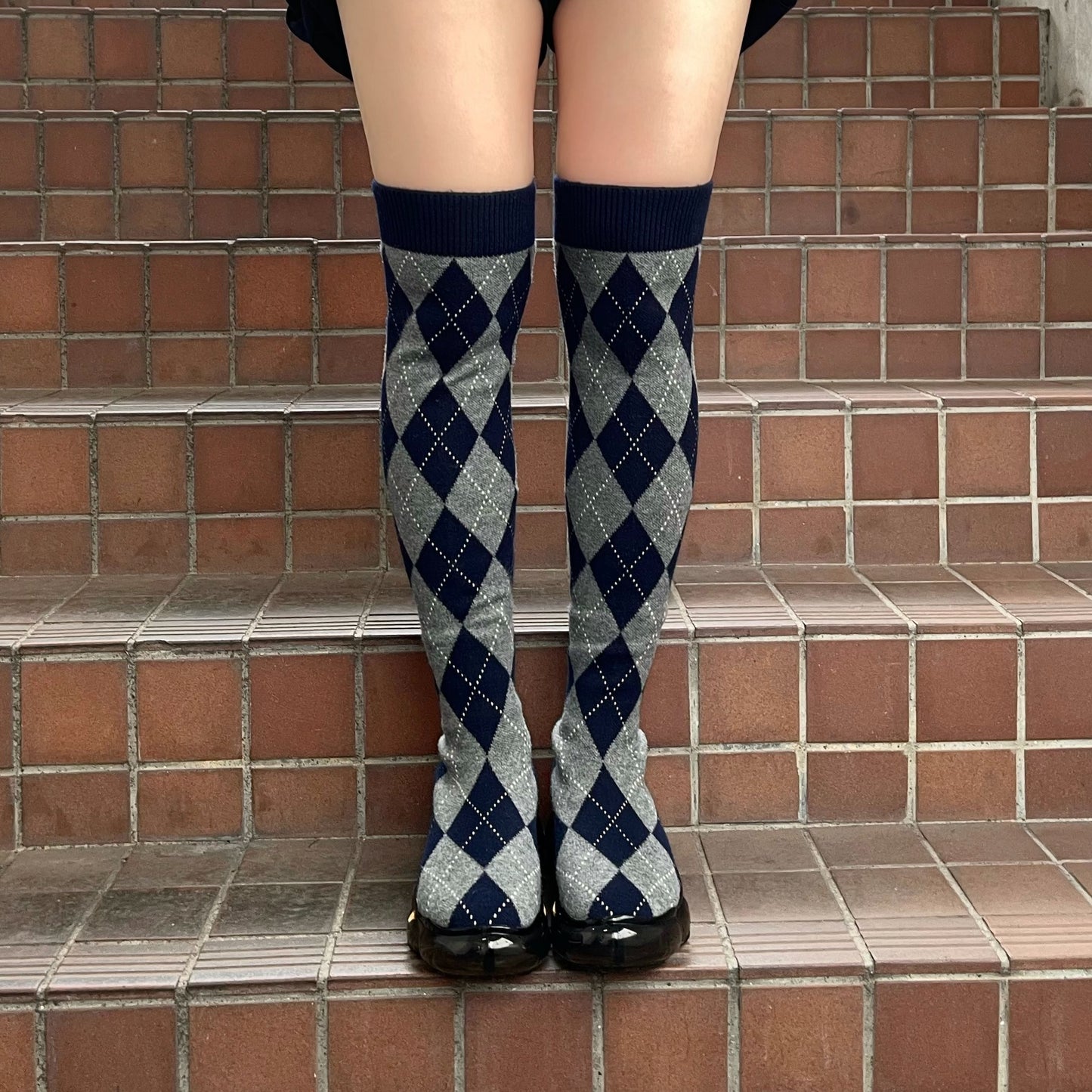 JEWELRY LONG ARGYLE SOCKS / NAVY / ニーハイソックスシューズ