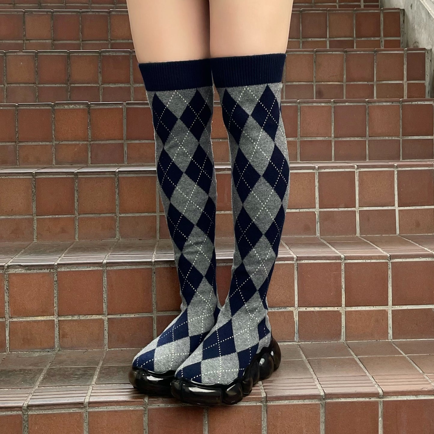 JEWELRY LONG ARGYLE SOCKS / NAVY / ニーハイソックスシューズ