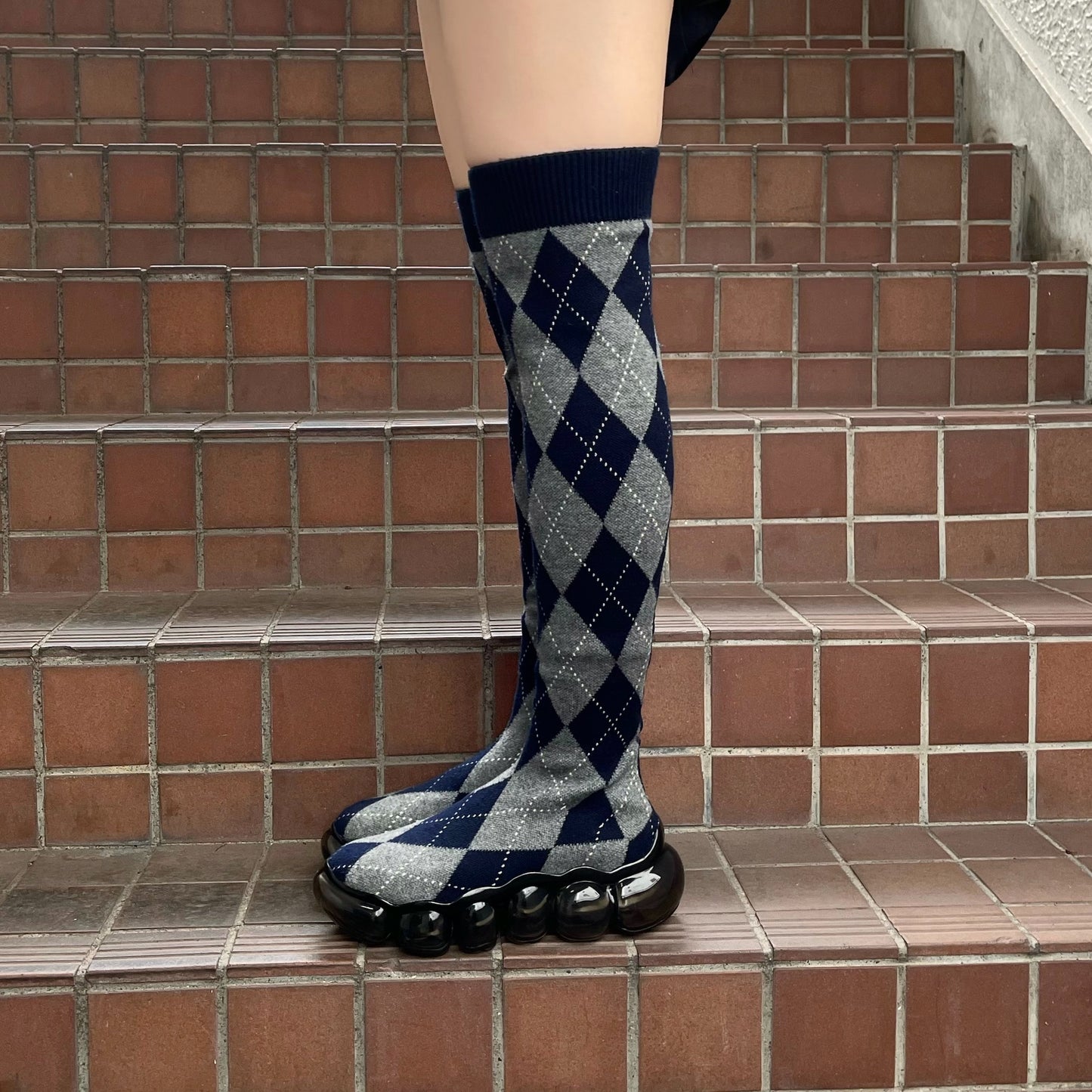 JEWELRY LONG ARGYLE SOCKS / NAVY / ニーハイソックスシューズ