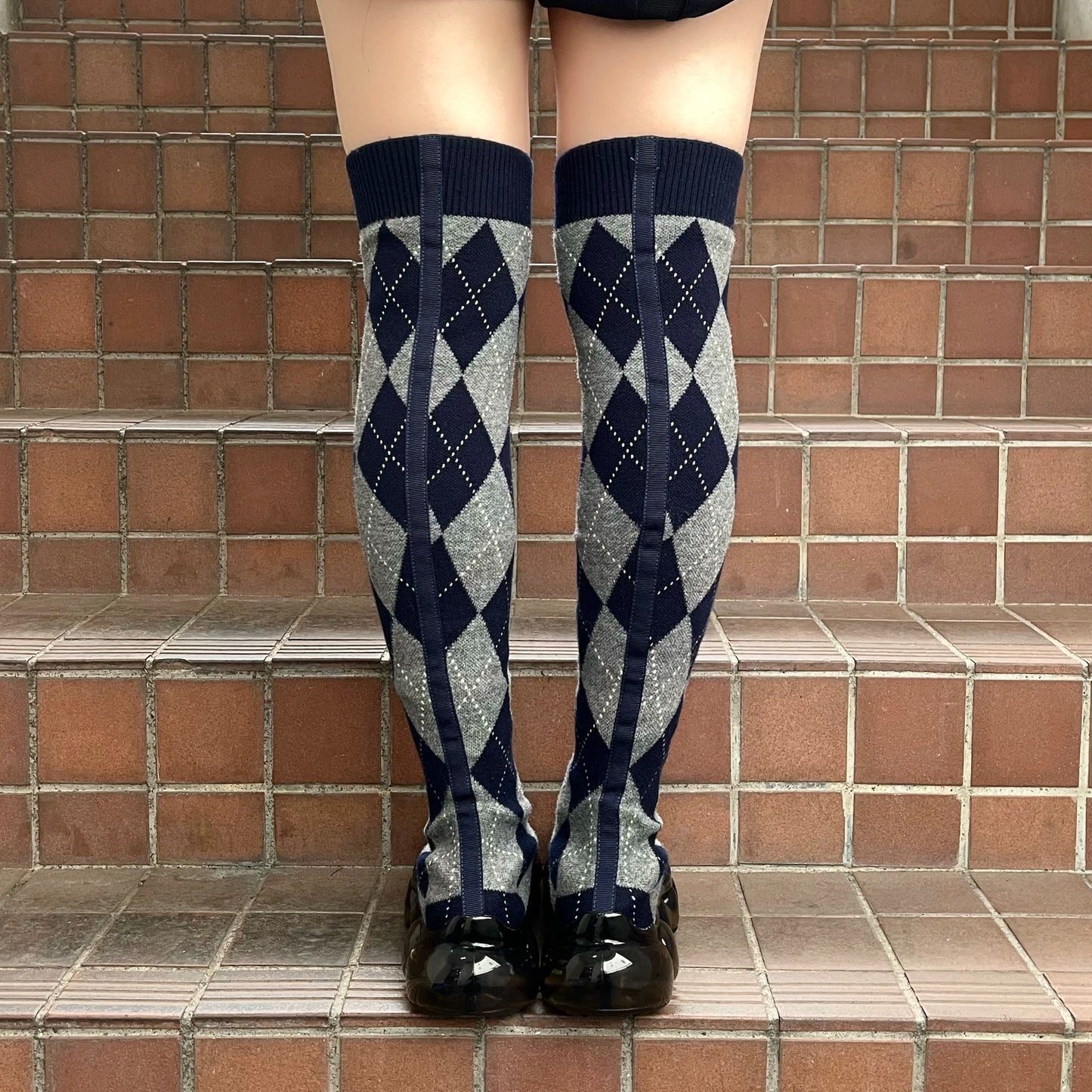 JEWELRY LONG ARGYLE SOCKS / NAVY / ニーハイソックスシューズ