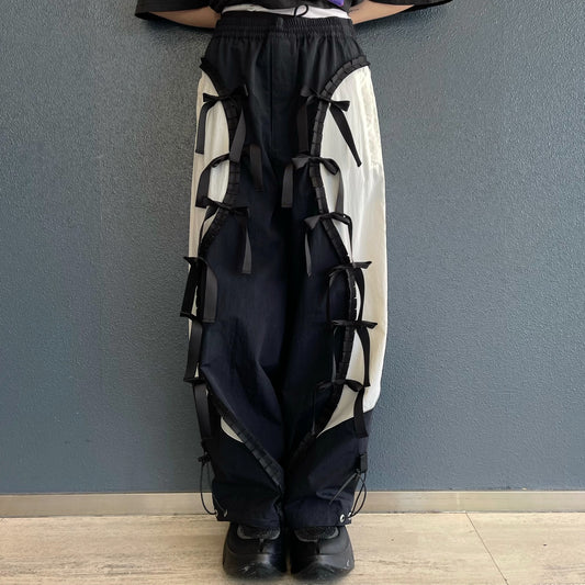 RIBBON TRACK PANTS / BLACK × WHITE / リボントラックパンツ
