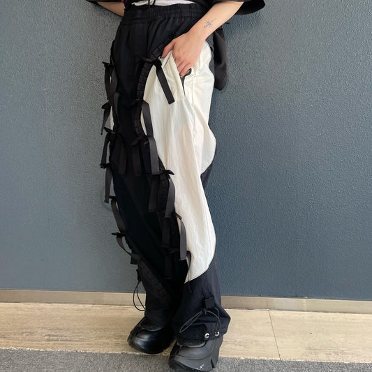RIBBON TRACK PANTS / BLACK × WHITE / リボントラックパンツ