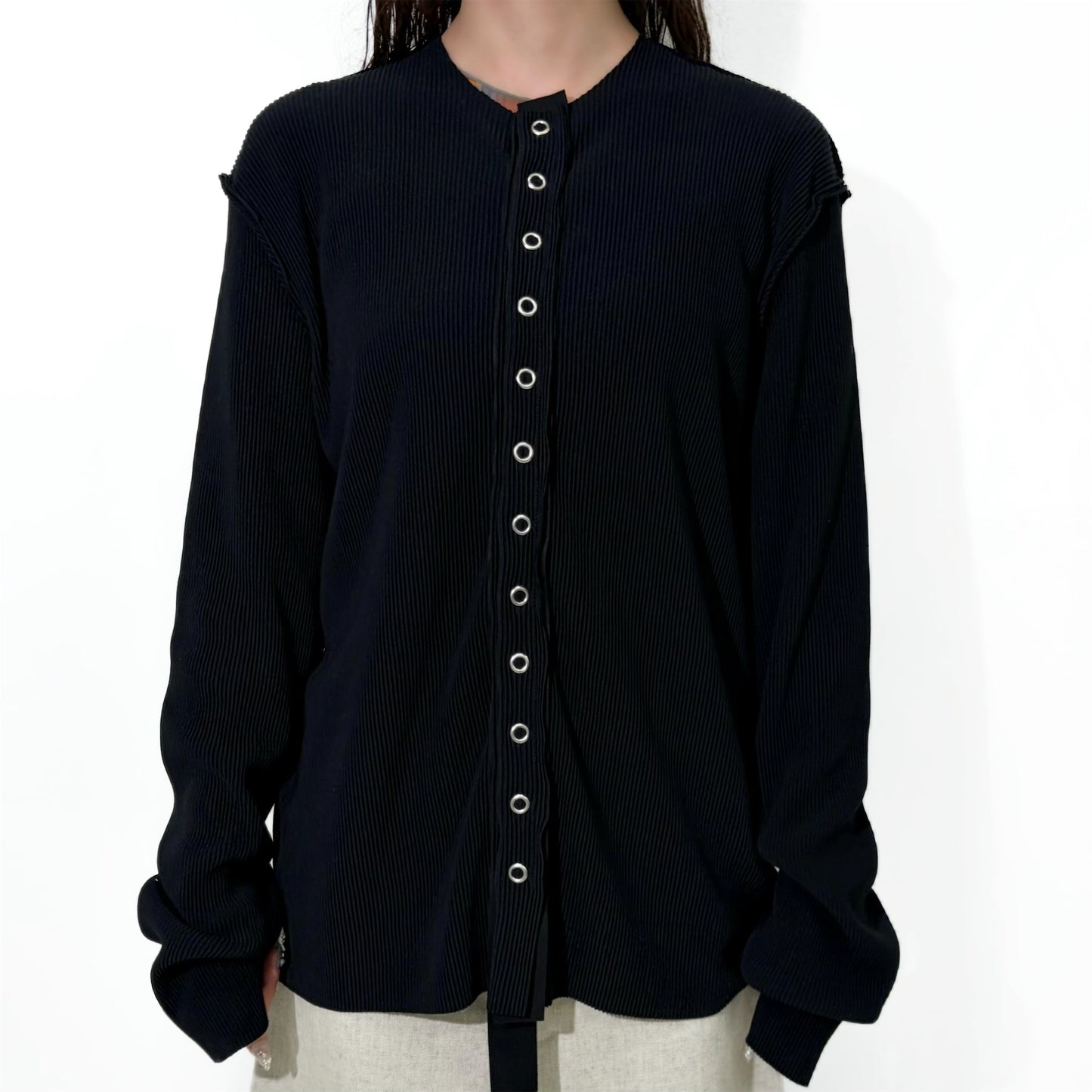 CRISP SNAP CARDIGAN TALL / BLACK / プリーツカーディガン