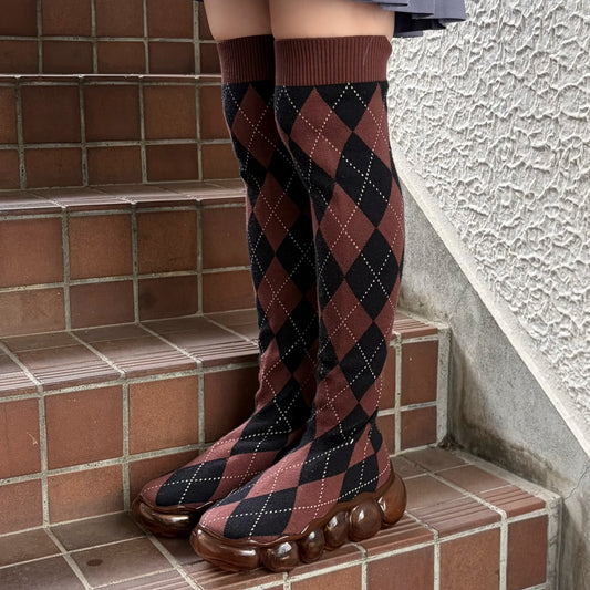 JEWELRY LONG ARGYLE SOCKS / BROWN / ニーハイソックスシューズ
