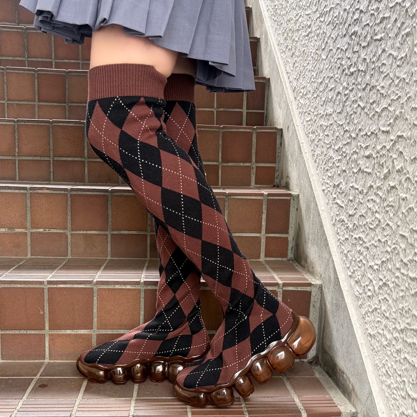 JEWELRY LONG ARGYLE SOCKS / BROWN / ニーハイソックスシューズ