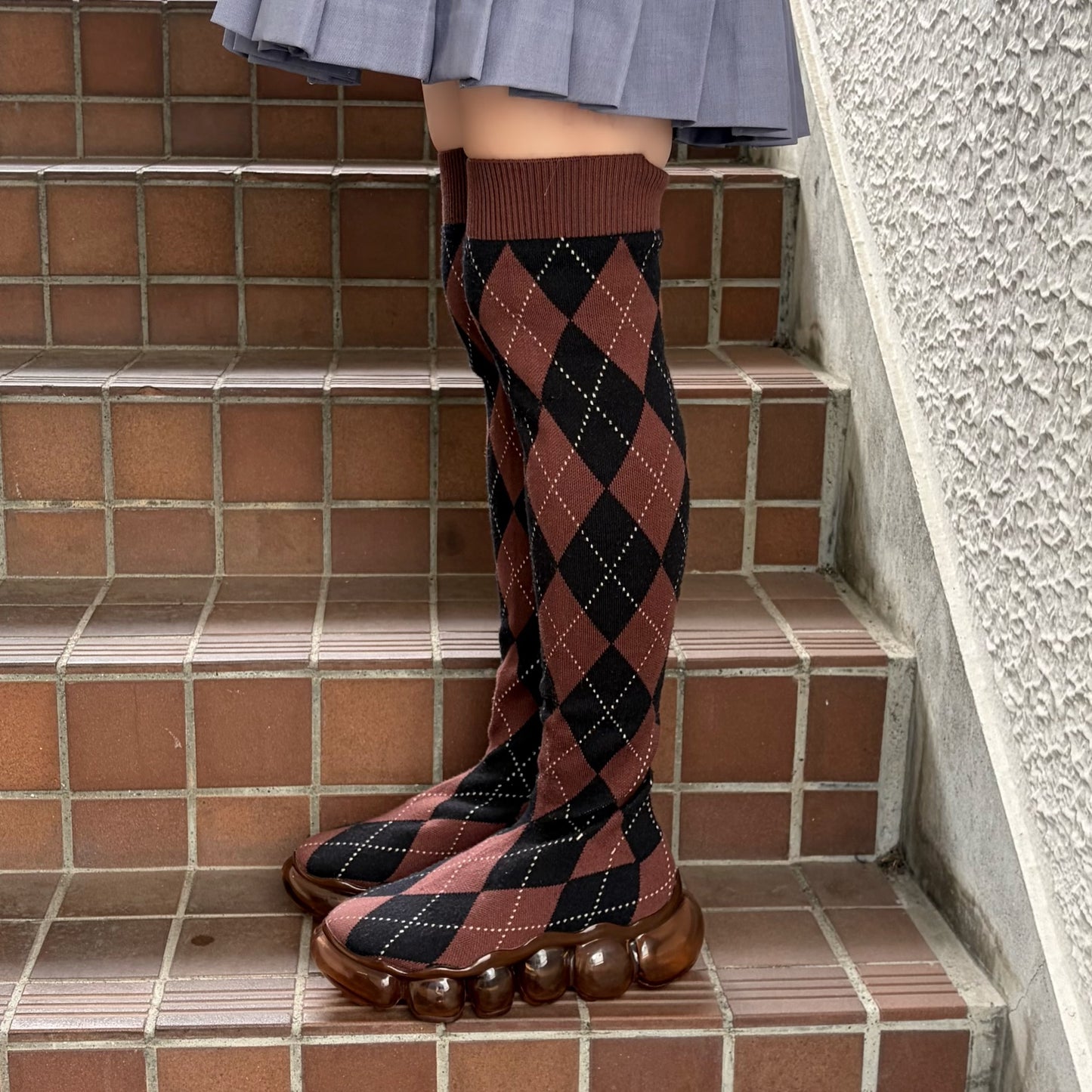 JEWELRY LONG ARGYLE SOCKS / BROWN / ニーハイソックスシューズ